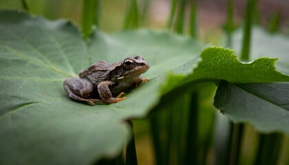 Obraz premium AI-generated illustration of a small frog perched on a green leaf