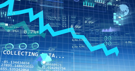 Image of financial data processing over blue background