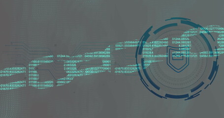 Image of shield icon over data processing on black background