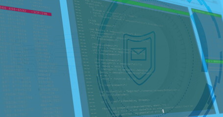 Image of shield icon over data processing on blue background