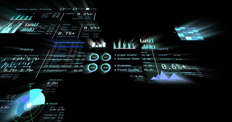 Image of financial data processing with numbers over black background