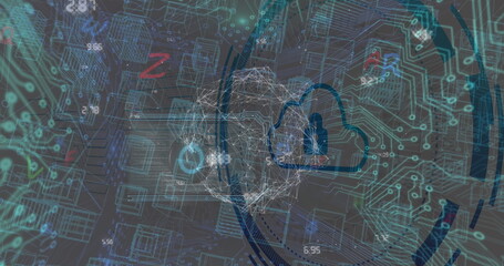 Image of padlock over data processing on black background
