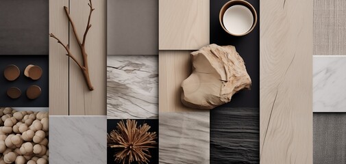 interior design moodboard for inspiration, natural materials, grey color tones - AI generated image - obrazy, fototapety, plakaty