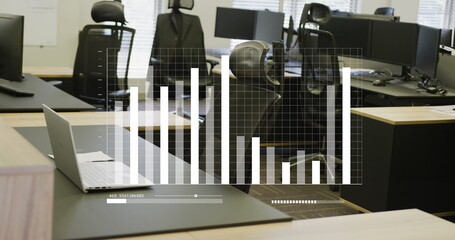 Image of financial data processing over empty office