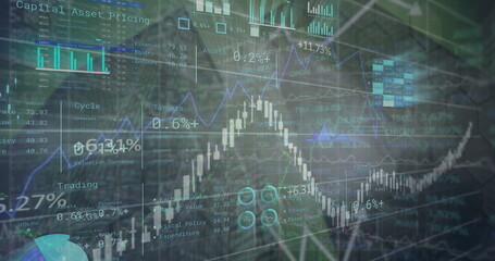 Image of financial data processing over cityscape