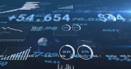 Image of financial data processing with numbers over blue background