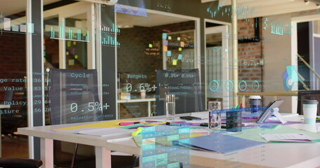 Image of financial data processing over office