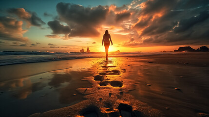 feet step walking along the beach, sunset