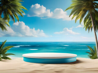3d rendering blue Podium stage on summer beach landscape background with tropical palm trees  