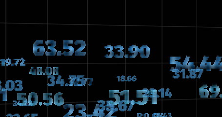 Image of financial data processing with numbers over world map on black background