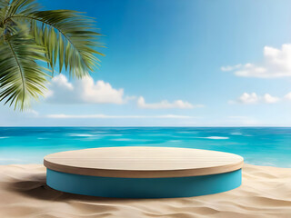 Fototapeta na wymiar Photo white podium for product presentation on beach sand with blue beach background