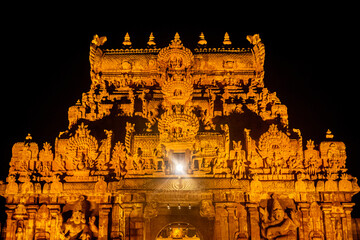Night Time with Lightning - Tanjore Big Temple or Brihadeshwara Temple was built by King Raja Raja...