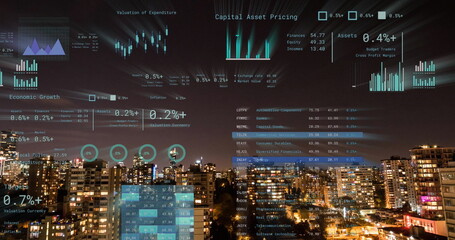 Image of financial data processing over cityscape