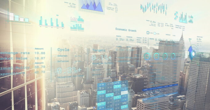 Image of financial data processing over cityscape