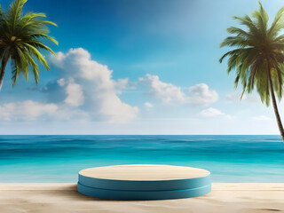  photo 3d rendering Summer 3d podium with copy space for product display presentation on blue beach background