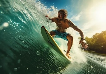 a man surfing on rolling ocean waves, Extreme sport and active lifestyle concept