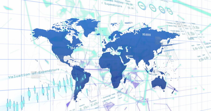 Image of financial data processing over world map