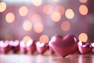 pink shiny heart shaped candies for valentines day with bokeh background