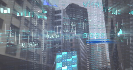 Image of financial data processing over cityscape