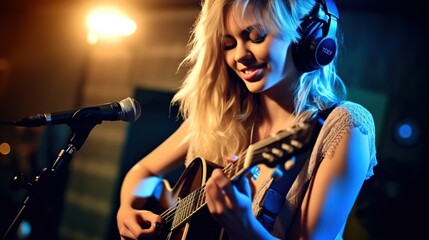 Fototapeta na wymiar beautiful woman is enjoying playing acoustic guitar and wearing headset