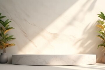 Empty Marble Stone Wall with Sunlight and Leaf Shadow AI Generated