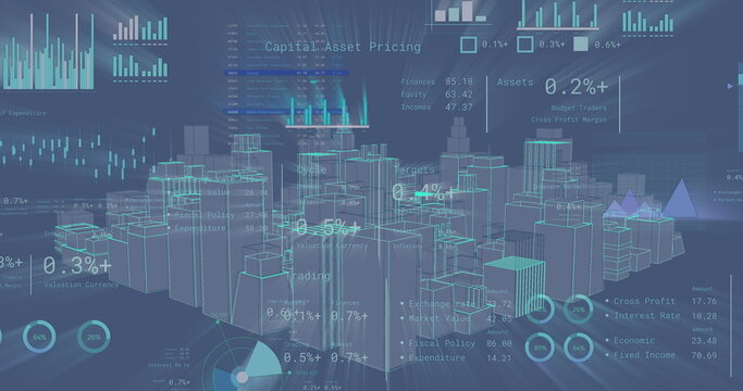 Image of financial data processing over 3d city model - Powered by Adobe