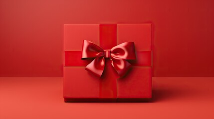 Red gift box with red bow on red background. illustration. Generative AI