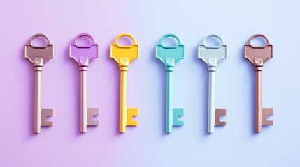 Colorful keys isolated on blue background. 3d render illustration. Generative AI