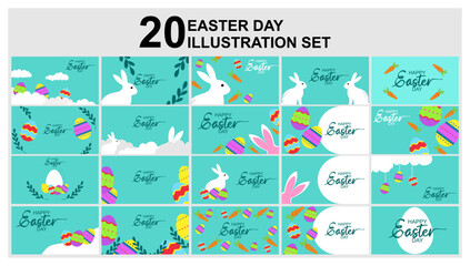 Happy Easter banner. Trendy Easter design with  Modern minimal style typography, hand painted strokes and dots, eggs, bunny ears, in pastel colors. Horizontal poster, greeting card, header for website