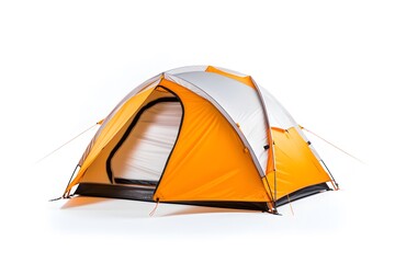 white and orange tent in a scenic forest camping site and white background