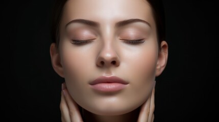 Beautiful young woman with closed eyes on black background. Facial treatment concept Generative AI
