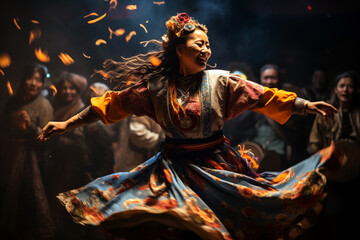 Fototapeta na wymiar Vivid capture of Traditional Tsam dance in Mongolia. adorned in colorful, elaborate costumes and unique headgear