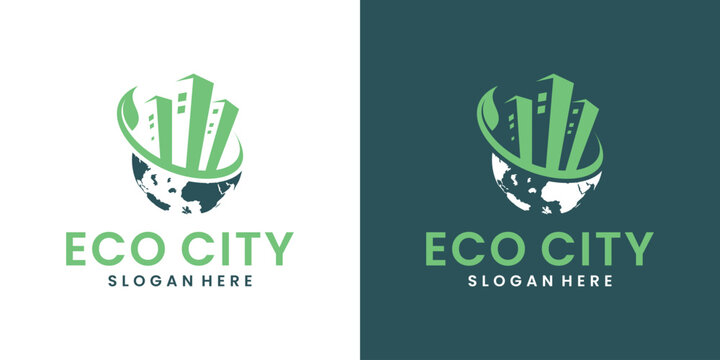 eco city leaf building globe logo design combinations