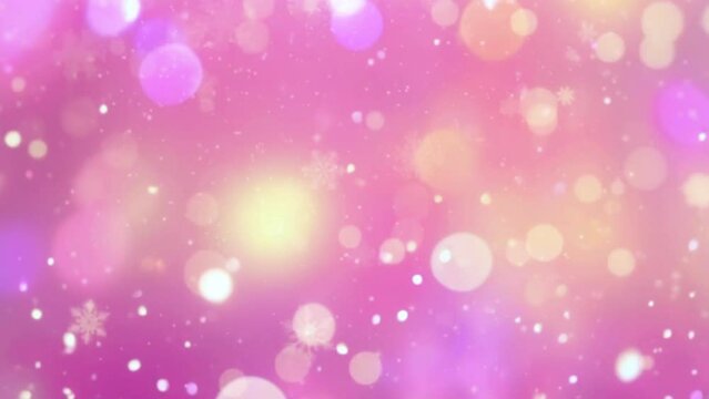 Animated abstract illustration of glowing particles and snowflakes on pink background