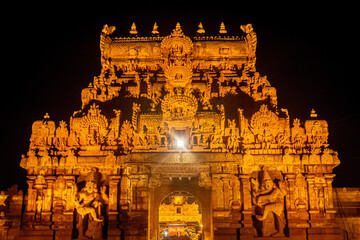 Night Time with Lightning - Tanjore Big Temple or Brihadeshwara Temple was built by King Raja Raja...