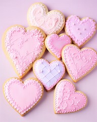 Fototapeta premium Delicious pink heart shaped cookies arranged in flat lay style background