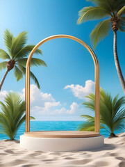 3d rendering blue Podium stage on summer beach landscape background with tropical palm trees 
