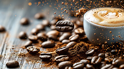 a coffee cup is surrounded by scattered roasted coffee beans and dust - obrazy, fototapety, plakaty