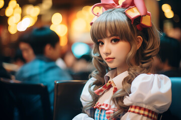 Cheerful Women dressed in colorful Maid Costumes Smiling in Maid Café. Japan