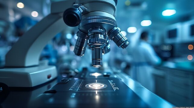 the camera is showing some people in the laboratory while holding a microscope