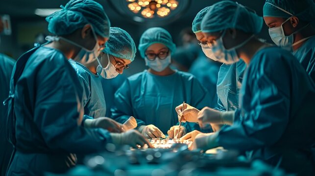 a group of doctors wearing scrubs perform surgery in an operating room