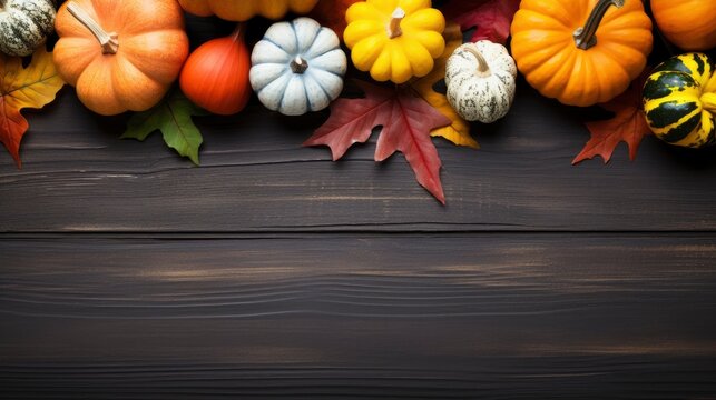 Thanksgiving background with pumpkins and autumn leaves on black wooden table Generative AI