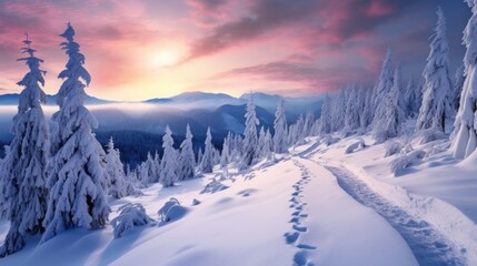 Fantastic winter landscape. Sunrise in the mountains. Carpathians, Ukraine, Europe. Generative AI - obrazy, fototapety, plakaty