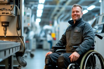 Fototapeta na wymiar Man in wheelchair inside Inclusive Industry factory