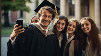 Group of happy students taking selfie with mobile phone. Young man in graduation cap and gown standing together on university campus. Generative AI