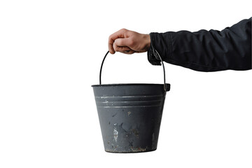 Hand holding an empty green plastic gardening bucket