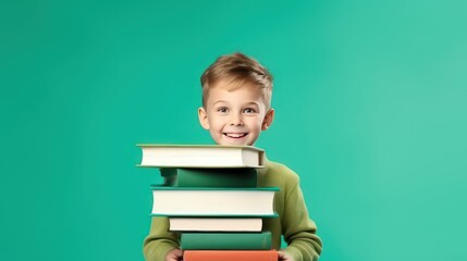 smiling little boy with pile of books in hands on green background