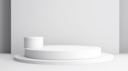Minimalist white product display podium mockup on white wall background
