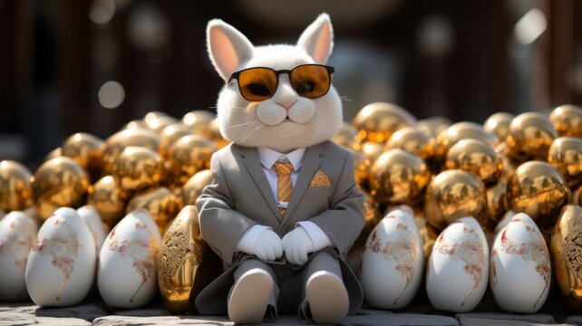 Cool Easter bunny in a business suit with Easter eggs