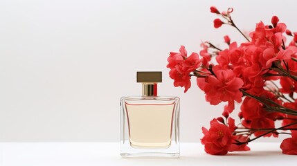 Perfume bottle with red flowers on white background. 3d rendering Generative AI
